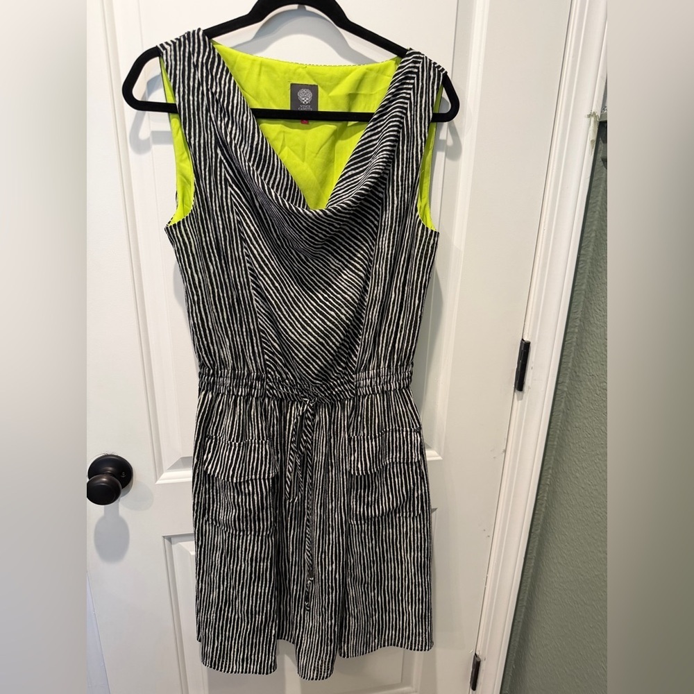 Vince Camuto Black & White Striped Midi Dress with Neon Yellow Lining Size 12